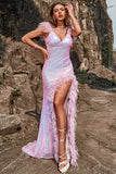 Sirena Púrpura Vestido de Fiesta Con Plumas