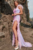 Sirena Púrpura Vestido de Fiesta Con Plumas