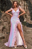Sirena Púrpura Vestido de Fiesta Con Plumas