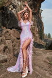 Sirena Púrpura Vestido de Fiesta Con Plumas