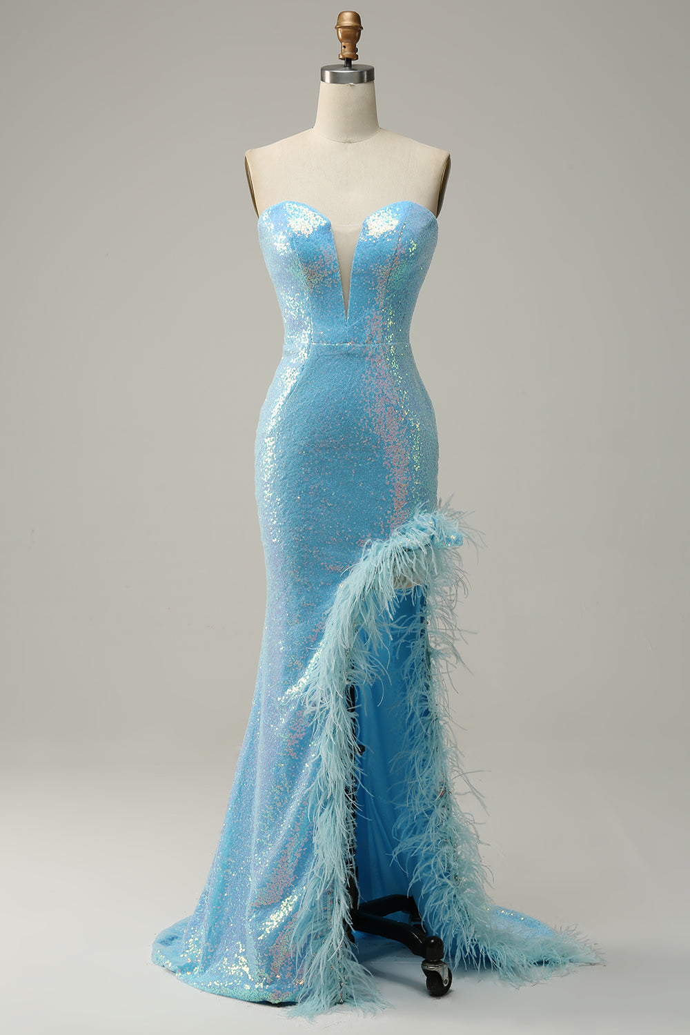 Sirena Lentejuelas Azul Claro Vestido Largo de Noite Con Plumas