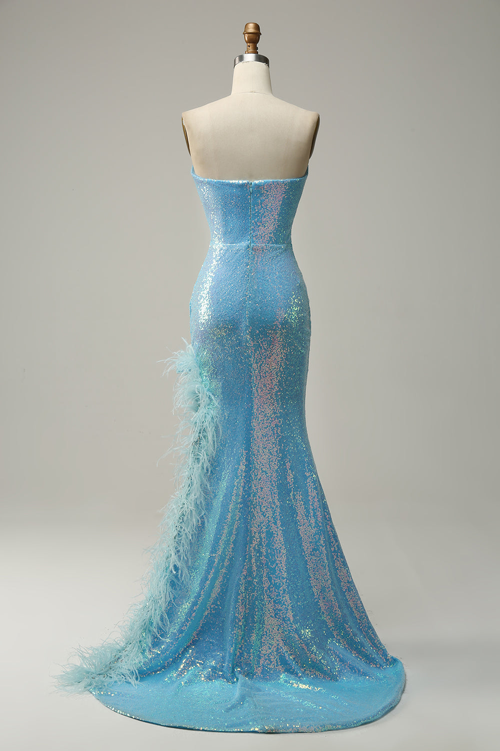 Sirena Lentejuelas Azul Claro Vestido Largo de Noite Con Plumas