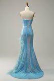 Sirena Lentejuelas Azul Claro Vestido Largo de Noite Con Plumas