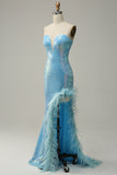 Sirena Lentejuelas Azul Claro Vestido Largo de Noite Con Plumas