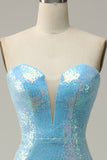 Sirena Lentejuelas Azul Claro Vestido Largo de Noite Con Plumas