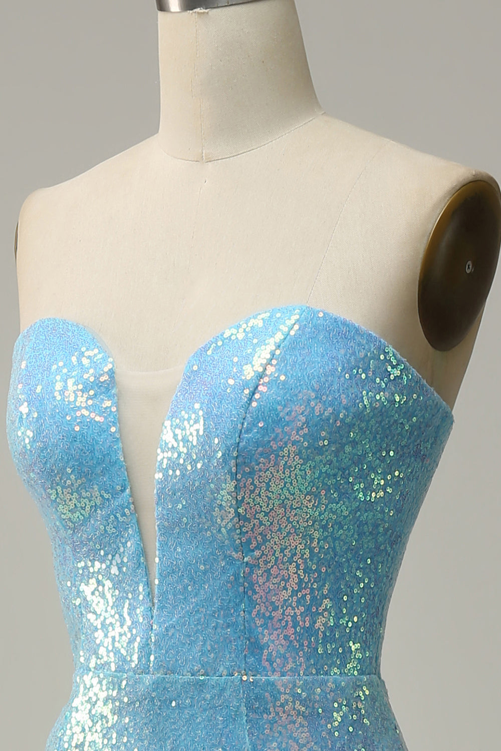 Sirena Lentejuelas Azul Claro Vestido Largo de Noite Con Plumas