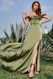 Verde Ejército Fuera del Hombro Vestido Largo de Dama de Honor
