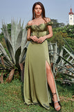 Verde Ejército Fuera del Hombro Vestido Largo de Dama de Honor