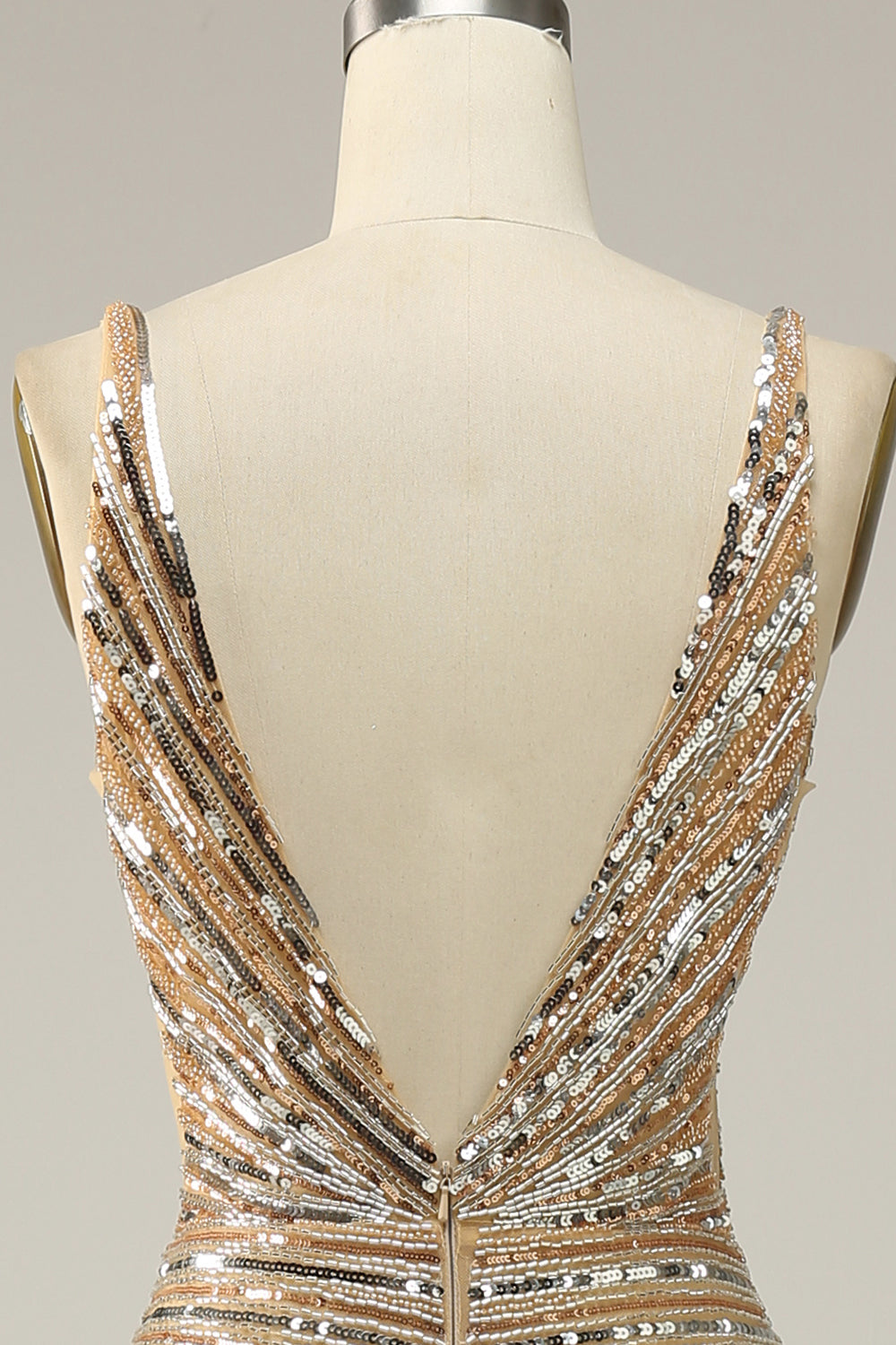 Cuello en V Dorado Lentejuelas Vestido Largo de Graduación Espalda Abierta