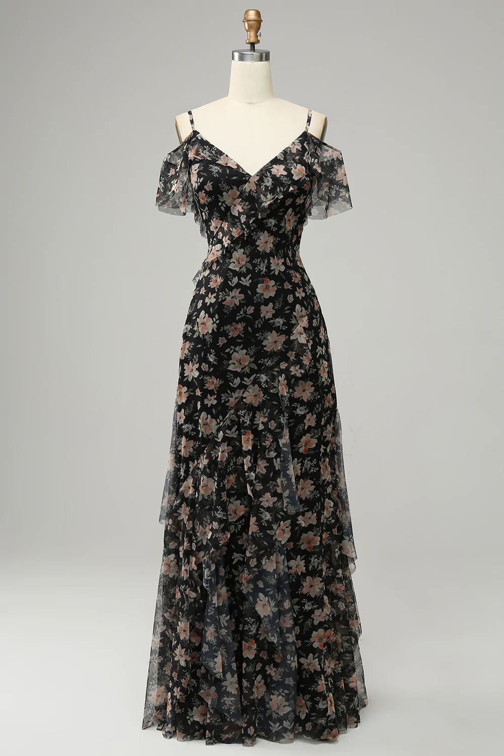 Vestido de Fiesta Con Flores Gasa Negro Fuera del Hombro