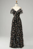 Vestido de Fiesta Con Flores Gasa Negro Fuera del Hombro