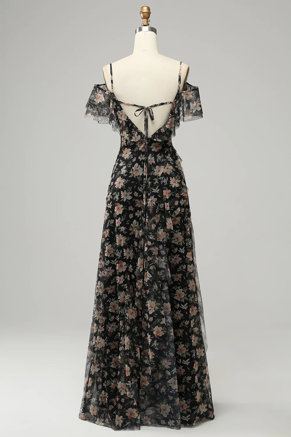 Vestido de Fiesta Con Flores Gasa Negro Fuera del Hombro