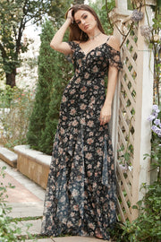 Vestido de Fiesta Con Flores Gasa Negro Fuera del Hombro