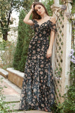 Vestido de Fiesta Con Flores Gasa Negro Fuera del Hombro
