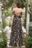 Vestido de Fiesta Con Flores Gasa Negro Fuera del Hombro