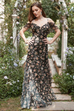 Vestido de Fiesta Con Flores Gasa Negro Fuera del Hombro