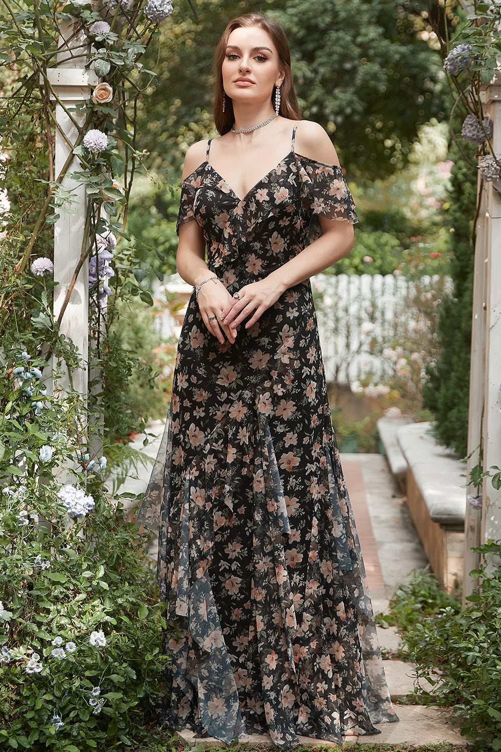 Vestido de Fiesta Con Flores Gasa Negro Fuera del Hombro
