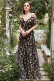 Vestido de Fiesta Con Flores Gasa Negro Fuera del Hombro