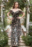 Vestido de Fiesta Con Flores Gasa Negro Fuera del Hombro