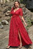Vestido de Graduación Encaje Rojo Cuello en V Talla Grande