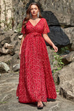 Vestido de Graduación Encaje Rojo Cuello en V Talla Grande