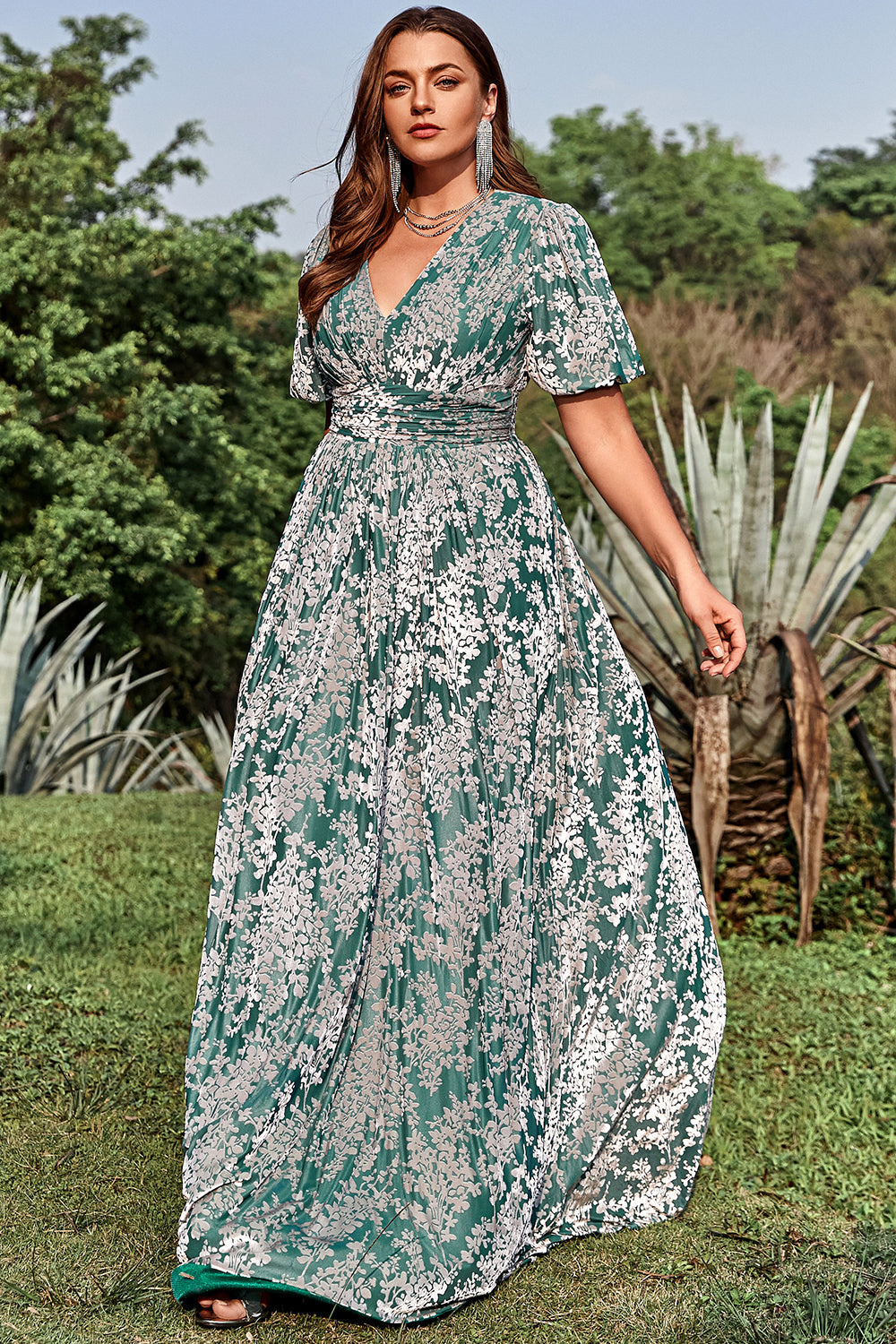 Línea A Cuello en V Verde Vestido de Fiesta Talla Grande