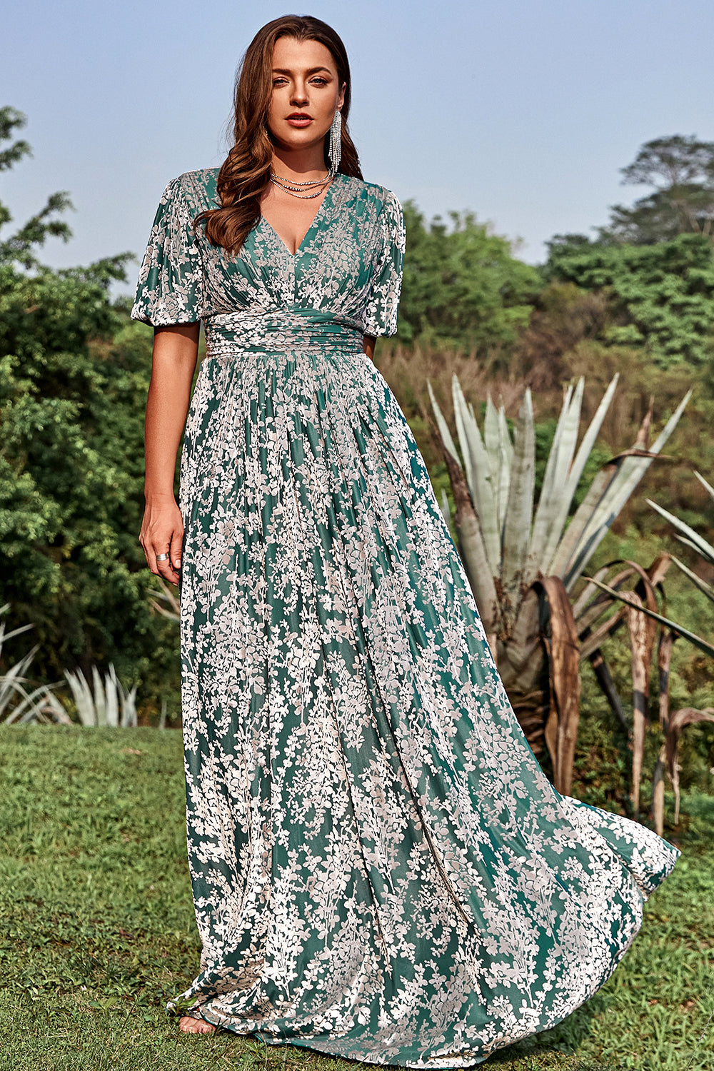 Línea A Cuello en V Verde Vestido de Fiesta Talla Grande