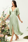 A Línea V Cuello Verde Claro Vestido Invitado Boda Medias Mangas