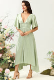 A Línea V Cuello Verde Claro Vestido Invitado Boda Medias Mangas