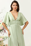 A Línea V Cuello Verde Claro Vestido Invitado Boda Medias Mangas