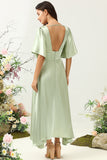 A Línea V Cuello Verde Claro Vestido Invitado Boda Medias Mangas