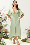 A Línea V Cuello Verde Claro Vestido Invitado Boda Medias Mangas