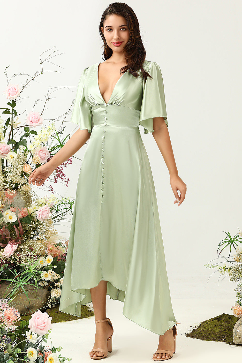 A Línea V Cuello Verde Claro Vestido Invitado Boda Medias Mangas