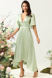 A Línea V Cuello Verde Claro Vestido Invitado Boda Medias Mangas