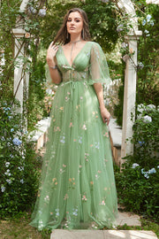 A-Línea Cuello en V Verde Vestido Largo Con Bordado