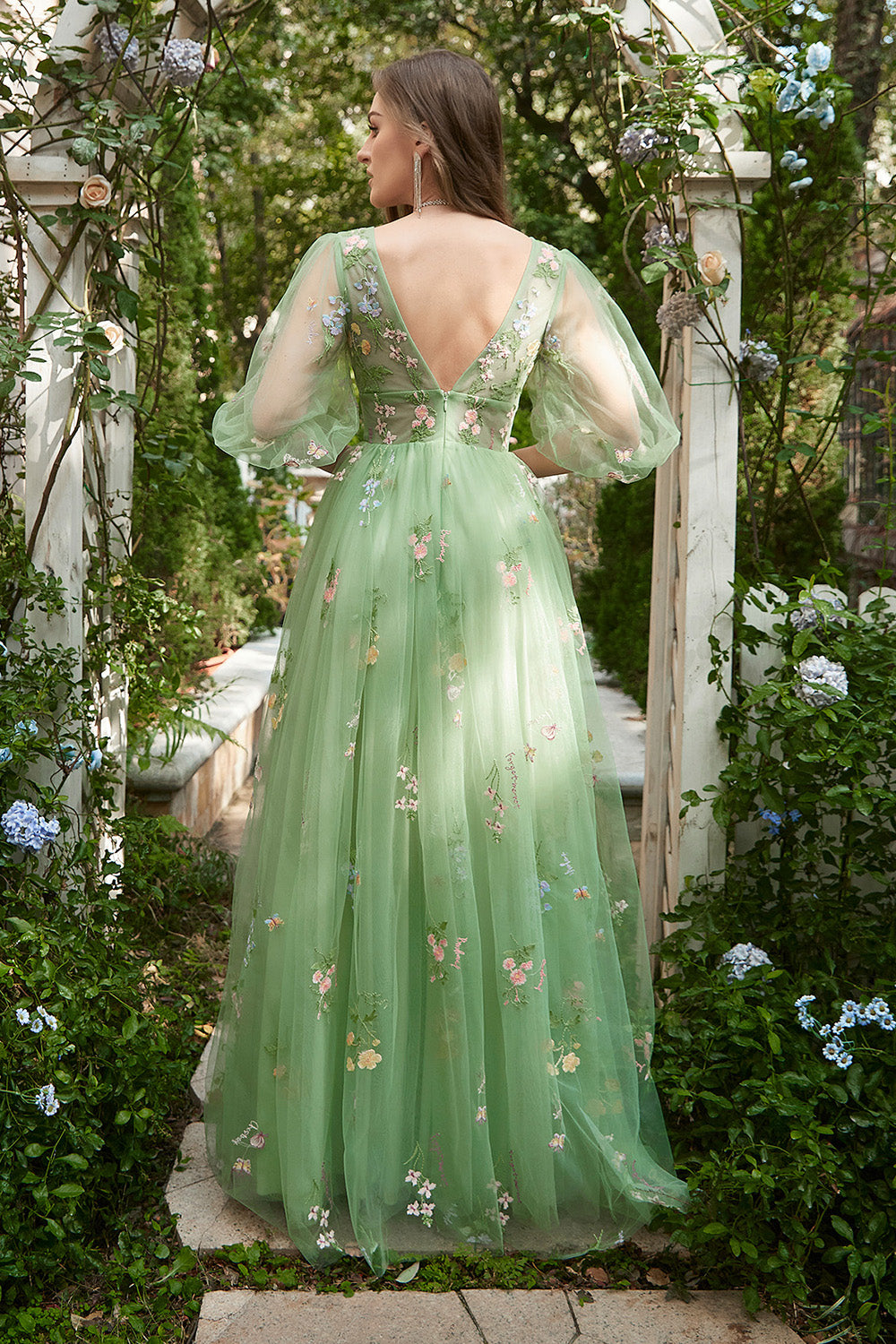 A-Línea Cuello en V Verde Vestido Largo Con Bordado