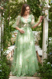 A-Línea Cuello en V Verde Vestido Largo Con Bordado