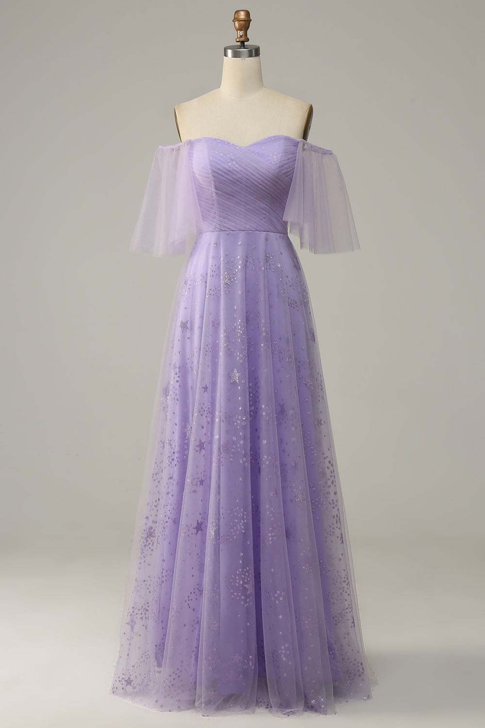 Vestido de Gradución Púrpura Fuera del Hombros Con Volantes