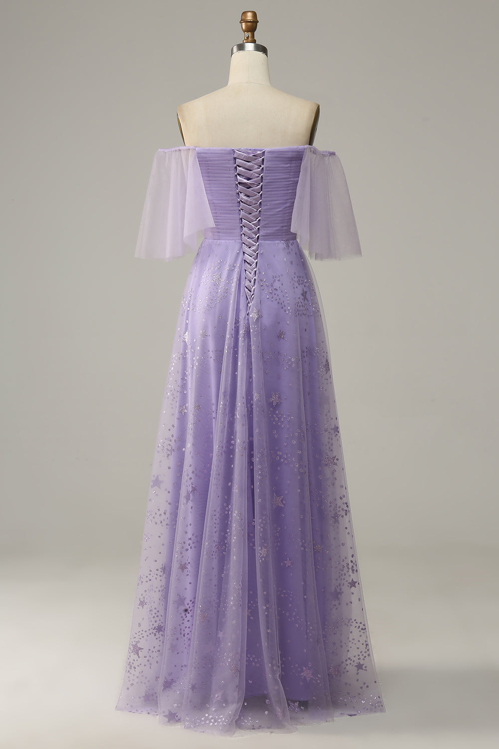 Vestido de Gradución Púrpura Fuera del Hombros Con Volantes