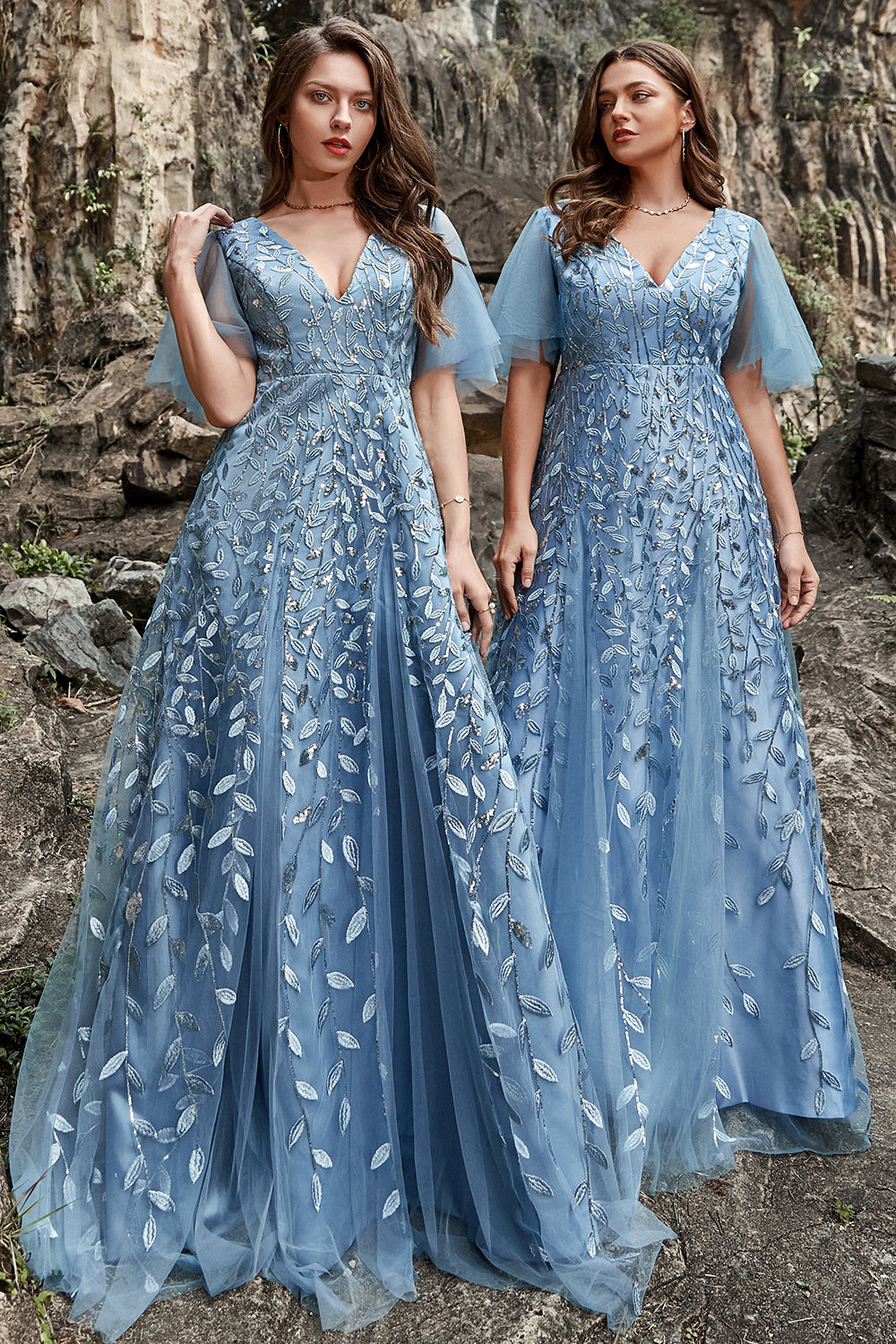 Vestido de Graduación Tul Azul Gris