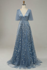 Vestido de Graduación Tul Azul Gris