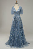 Vestido de Graduación Tul Azul Gris