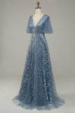 Vestido de Graduación Tul Azul Gris