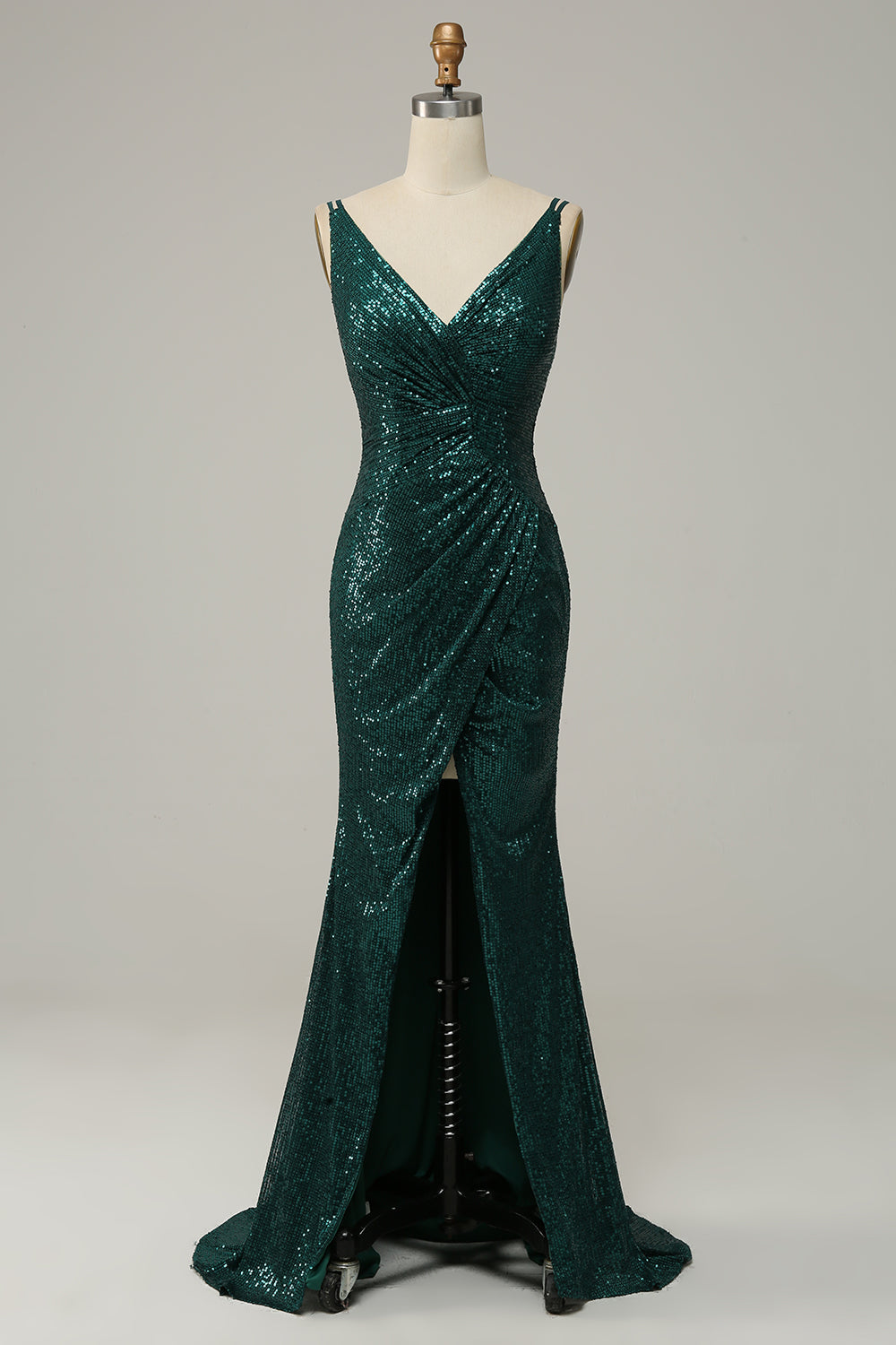 Correas de Espagueti Lentejuelas Verde Oscuro Vestido de Fiesta