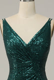 Correas de Espagueti Lentejuelas Verde Oscuro Vestido de Fiesta