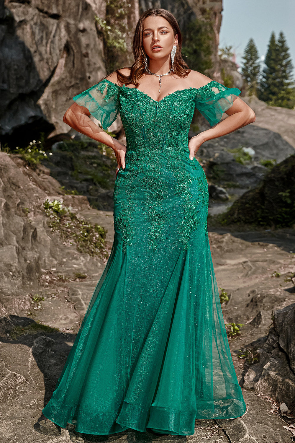 Sirena Fuera del Hombro Verde Escuro Vestido de Fiesta Con Apliques