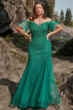 Sirena Fuera del Hombro Verde Escuro Vestido de Fiesta Con Apliques