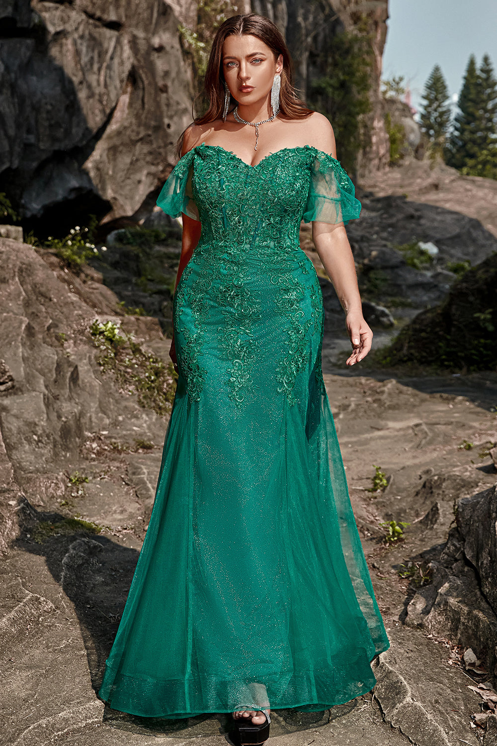 Sirena Fuera del Hombro Verde Escuro Vestido de Fiesta Con Apliques