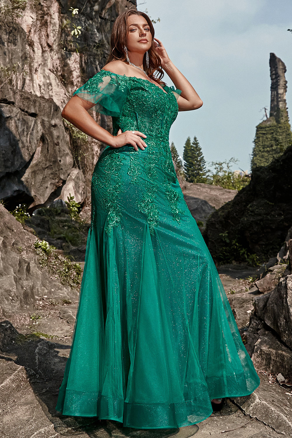 Sirena Fuera del Hombro Verde Escuro Vestido de Fiesta Con Apliques