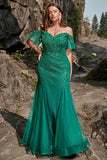 Sirena Fuera del Hombro Verde Escuro Vestido de Fiesta Con Apliques